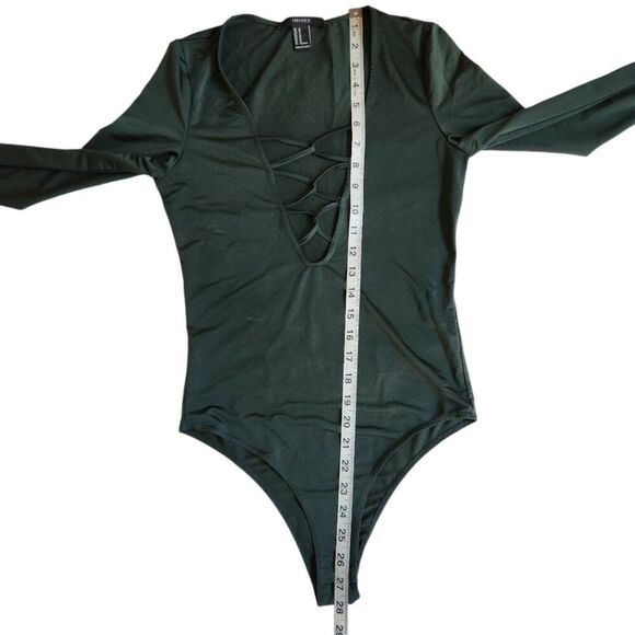 Forever 21 dark green deep plunge caged neckline thin semi sheer bodysuit sz M - Picture 9 of 11